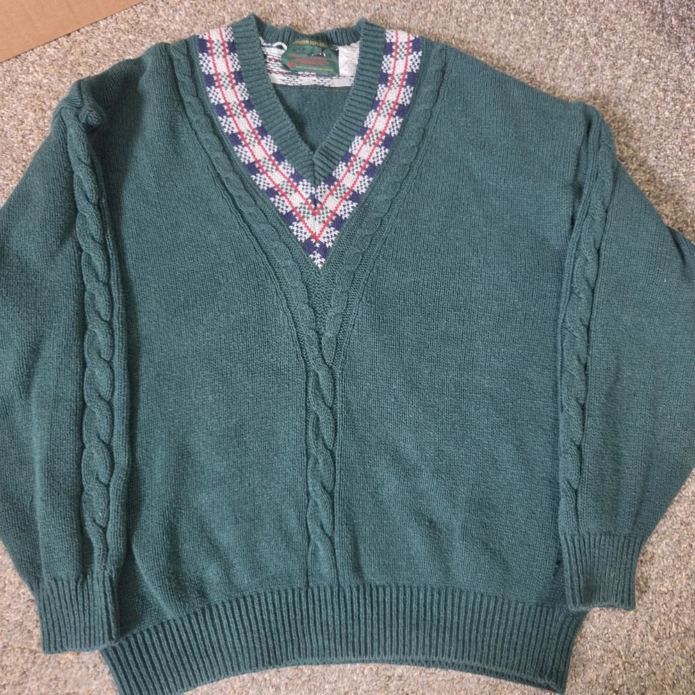 Northern Reflections Parkhurst Mens Green Cable Knit V-Neck Plaid Trim Sweater L